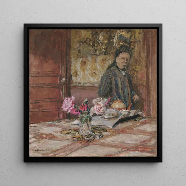 Madame Vuillard in a bonnet at the Closerie des Gents - Édouard Vuillard — framed artwork on a wall