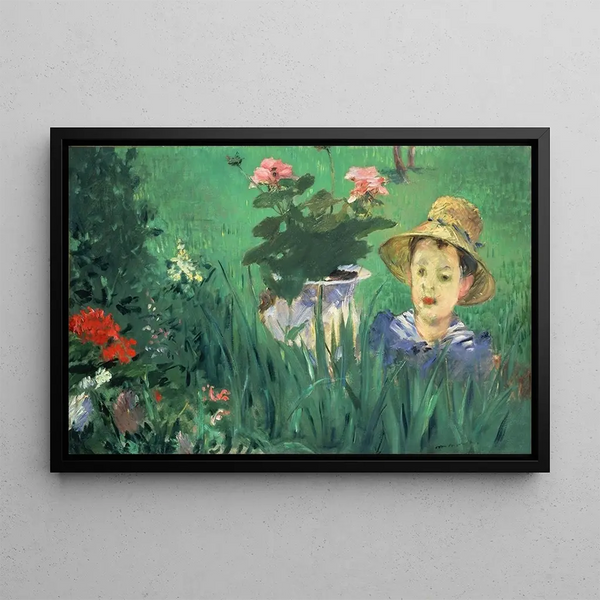 Boy among the flowers - Édouard Manet — framed artwork on a wall