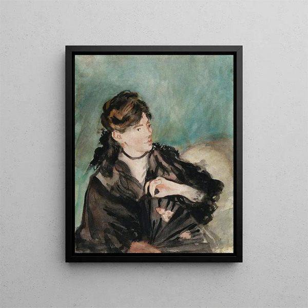 Portrait painting of Berthe Morisot with a fan - Édouard Manet — framed artwork on a wall