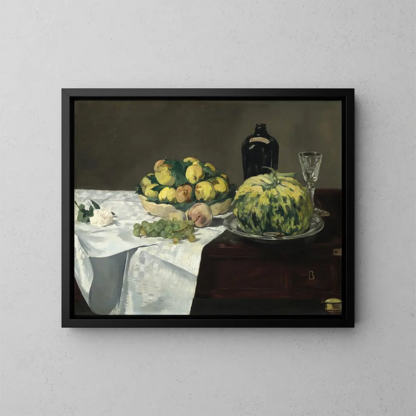 Still life with a melon and peaches - Édouard Manet — framed artwork on a wall