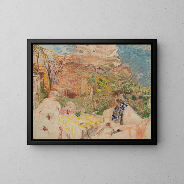 Women and child at the Clos by Cézanne - Édouard Vuillard — framed artwork on a wall