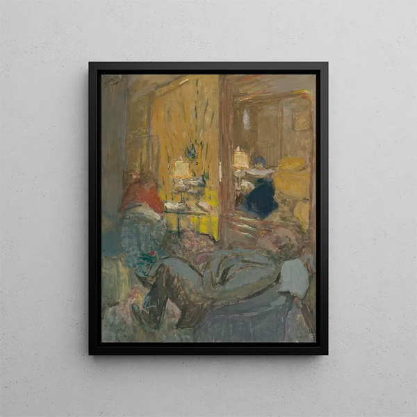 Interior painting with three characters - Édouard Vuillard — framed artwork on a wall
