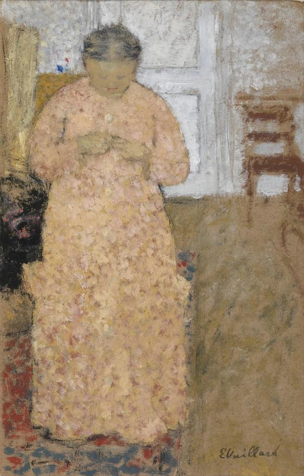 a woman knitting in a pink dress - Édouard Vuillard — framed artwork on a wall