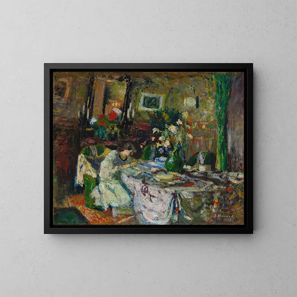 Marcelle Aron in the dining room at Château Rouge - Édouard Vuillard — framed artwork on a wall