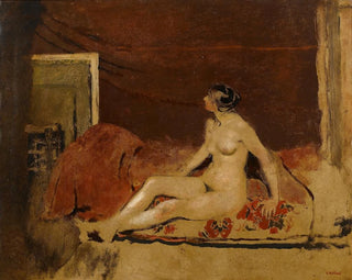 Nude on a floral patterned red cover - Édouard Vuillard — artwork view