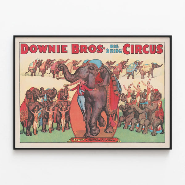 Vintage circus poster Downie Bros Big 3 Ring with elephants and performers — framed artwork on a wall