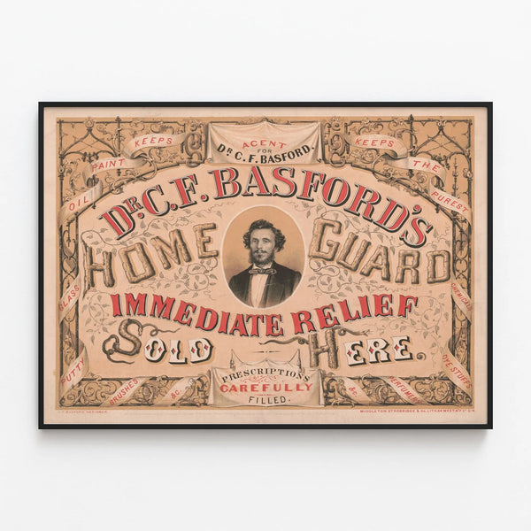 Vintage poster of Dr. C.F. Basford's Home Guard for wall decoration — framed artwork on a wall