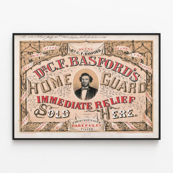 Vintage Poster of Dr. C.F. Basford’s Home Guard Wall Decoration — framed artwork on a wall