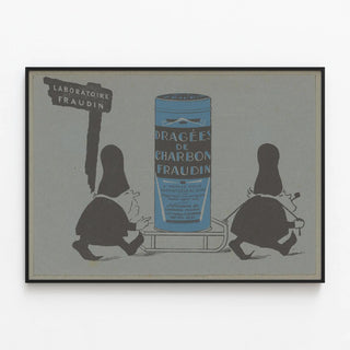 Vintage advertising poster for Fraudin Charcoal Dragees — framed artwork on a wall