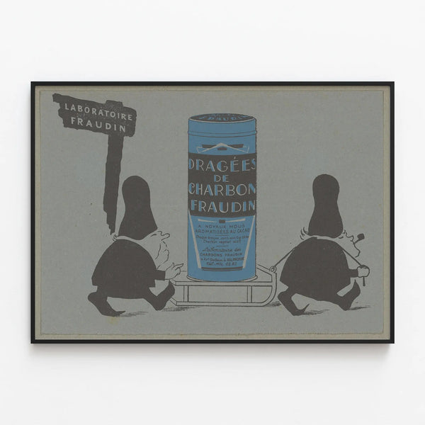 Vintage advertising poster for Fraudin Charcoal Dragees — framed artwork on a wall