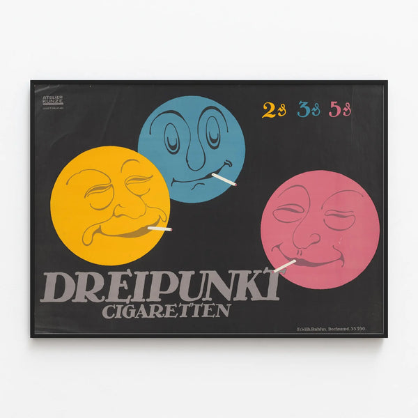 Vintage poster Dreipunkt Cigarettes with colorful faces — framed artwork on a wall
