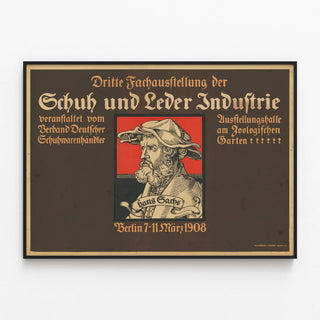 Vintage poster for leather and footwear industry exhibition 1908 — framed artwork on a wall
