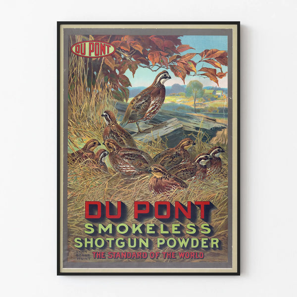 Vintage poster of Du Pont Smokeless Shotgun Powder with partridge
