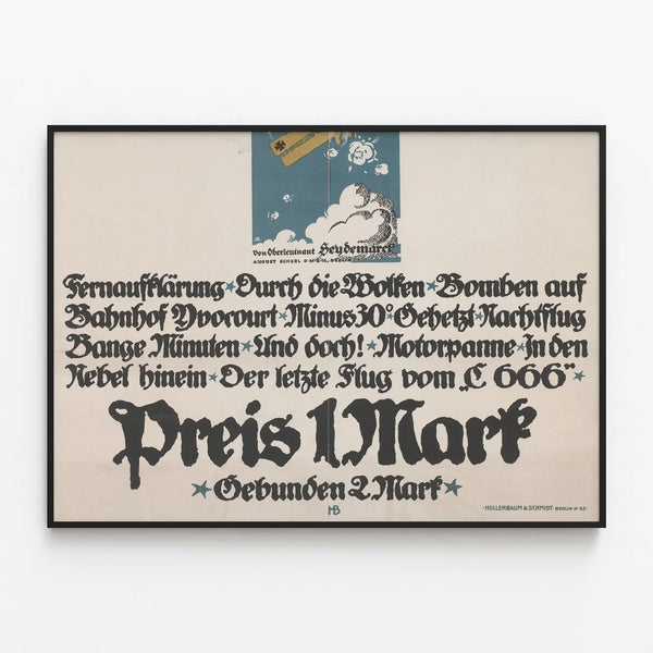 Vintage poster of a German biplane airplane in the clouds — framed artwork on a wall