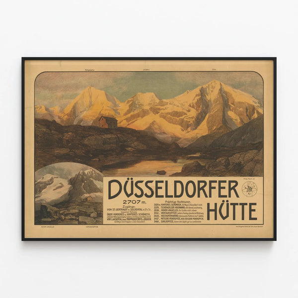 Vintage Poster of Dusseldorfer Mountain Hut — framed artwork on a wall