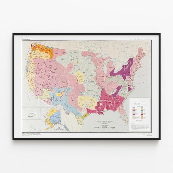 Wall map of Native American tribes and linguistic groups in the United States — framed artwork on a wall