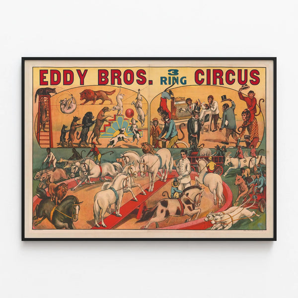 Vintage Poster Eddy Bros. 3 Ring Circus – Wall Decoration Circus Animals and Monkeys — framed artwork on a wall