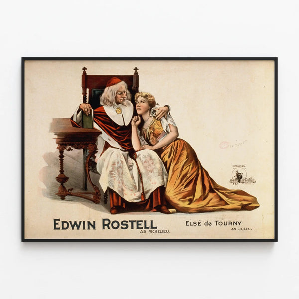 Vintage poster by Edwin Rostell featuring Richelieu and Else de Tourny in Julie — framed artwork on a wall