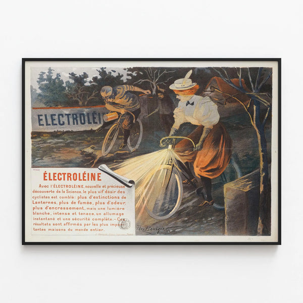 Vintage Electroléine Poster - Cycling and Antique Light Wall Decoration — framed artwork on a wall