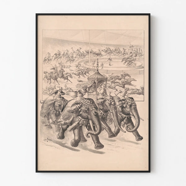 Vintage poster of elephants, horses, giraffes, and camels in parade