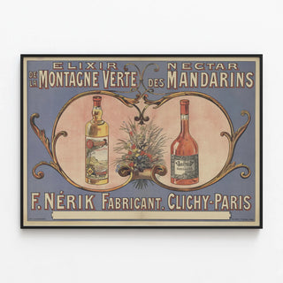 Vintage poster of the Green Mountain Elixir and the Mandarin Nectar — framed artwork on a wall