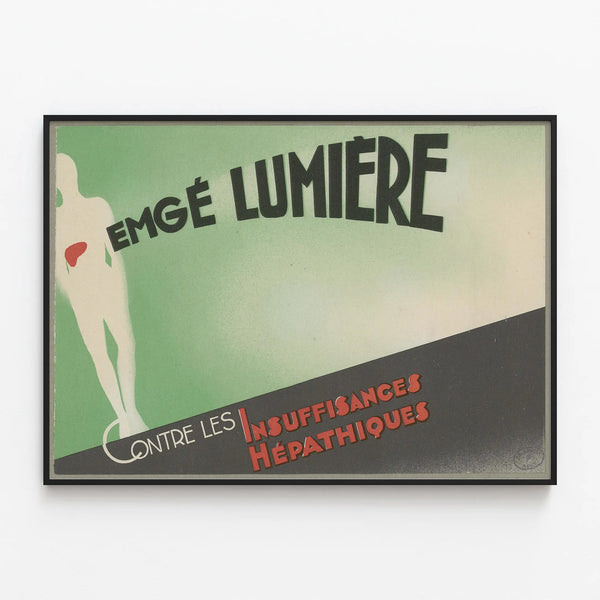 Vintage Emgé Lumière advertising poster against liver insufficiencies — framed artwork on a wall