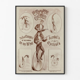 Vintage poster of Emilien and Oscar, cycling acrobats on a wheel