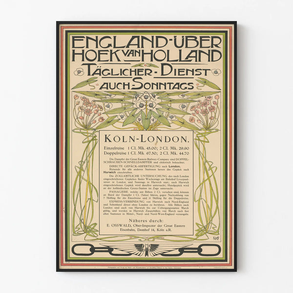 Vintage poster of the Cologne-London railway service with floral decoration