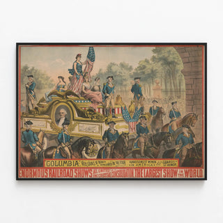 Vintage Poster of Railway Parade in Colombia and Honors of America — framed artwork on a wall