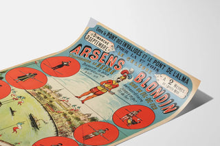 Vintage poster of Arsens Blondin crossing a wire over the Seine