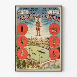 Vintage poster of Arsens Blondin crossing a wire over the Seine