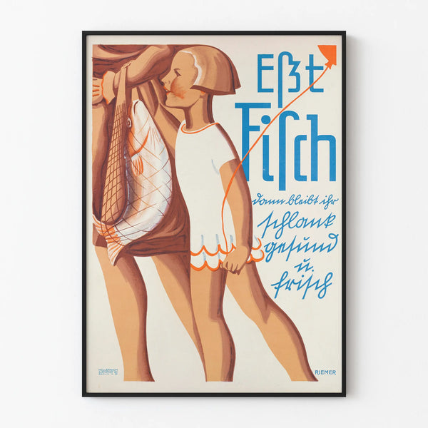 Vintage Poster Est Fisch - Child and Fish Illustration for Wall Decoration