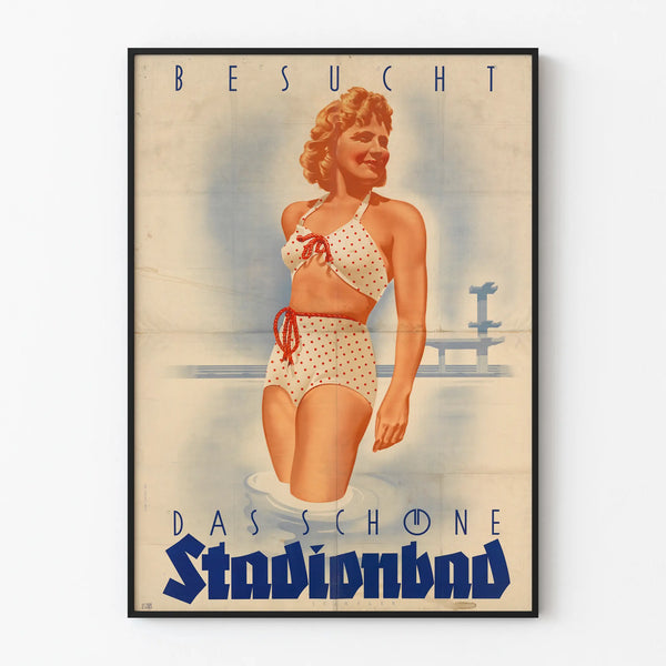 Vintage poster of a swimming stadium with a woman in a red polka dot swimsuit