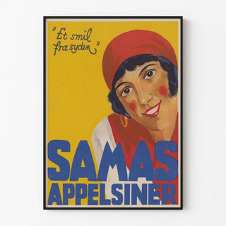 Vintage poster of oranges with a smiling female portrait