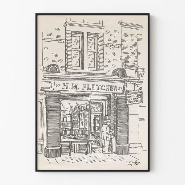 Vintage poster of H.M. Fletcher bookstore display case in London