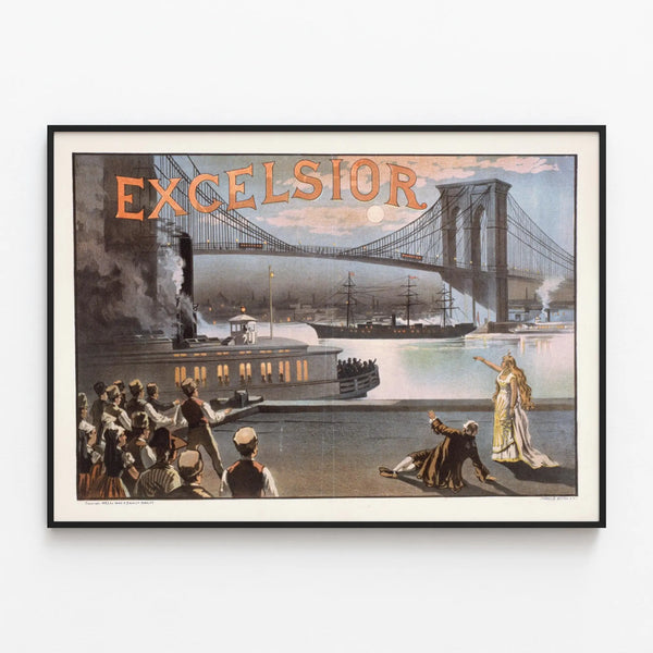 Vintage Poster Excelsior Bridge and Boat — framed artwork on a wall