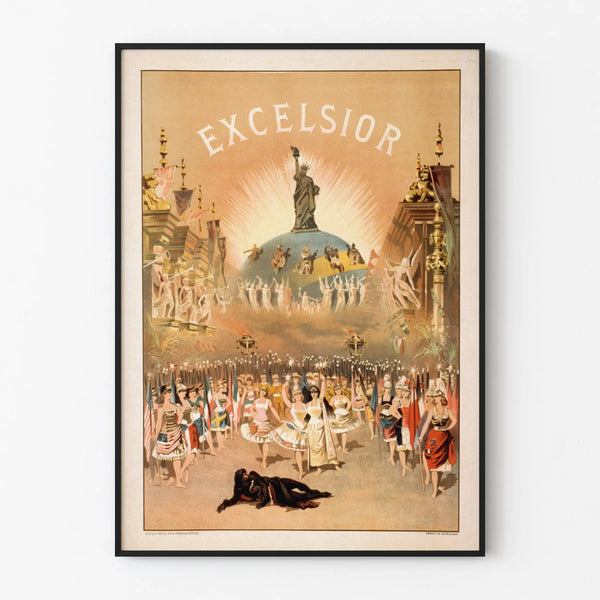 Vintage decorative poster Excelsior with dancers and Statue of Liberty