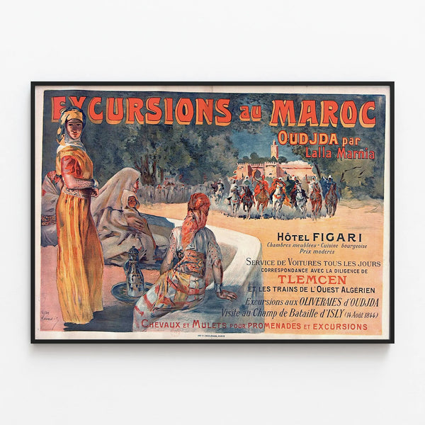 Vintage poster of excursions in Morocco - Travel wall decoration — framed artwork on a wall