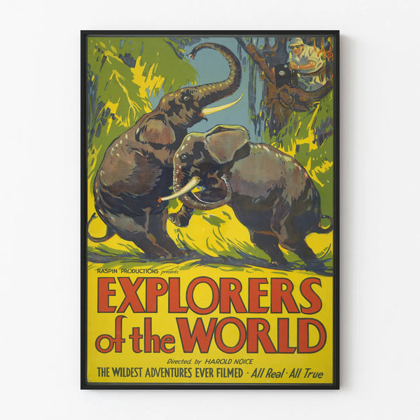 Vintage poster Explorers of the World with elephants in the wild