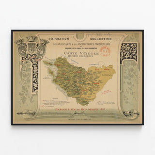 Poster Wine Region Map of Cognac from the Two Charentes - Collective Exhibition 1895 — framed artwork on a wall