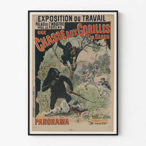 Vintage poster for the labor exhibition - gorilla hunt in Gabon