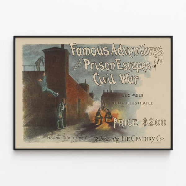Vintage Poster Adventures and Escapes of the Civil War — framed artwork on a wall