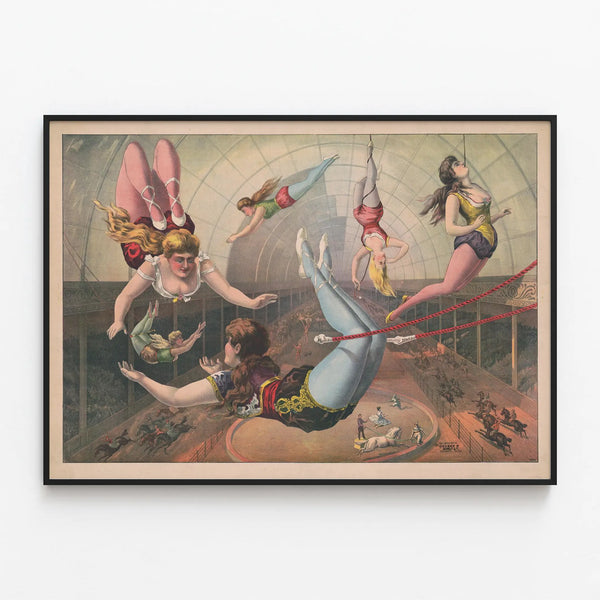 Vintage poster of female acrobats on the trapeze at the circus — framed artwork on a wall