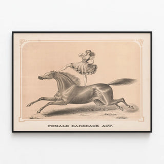 Vintage poster of female equestrian performance — framed artwork on a wall
