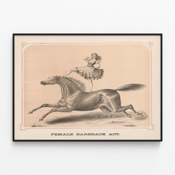 Vintage poster of female equestrian performance — framed artwork on a wall