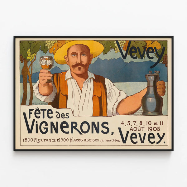 Vintage Wall Decoration Poster of the 1905 Winegrowers' Festival in Vevey — framed artwork on a wall