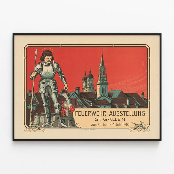 Vintage poster for the St. Gallen firefighters exhibition 1910 — framed artwork on a wall
