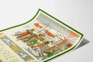 Vintage February poster with characters in winter costumes
