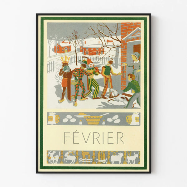 Vintage February poster with characters in winter costumes