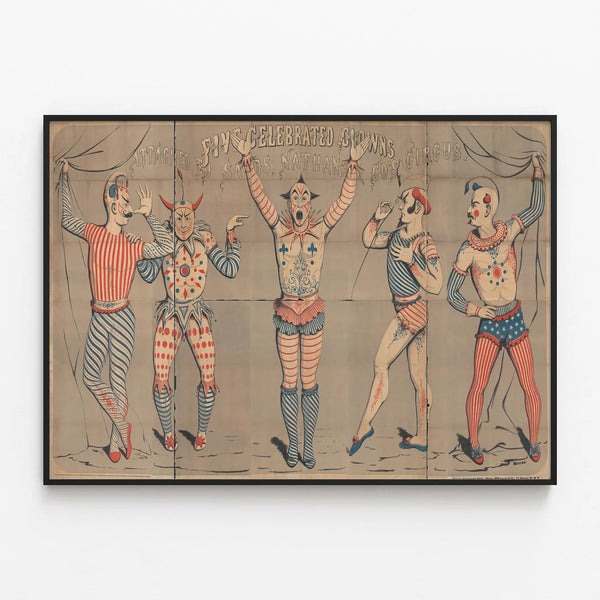 Vintage Poster of Five Famous Circus Clowns Sands Nathan — framed artwork on a wall